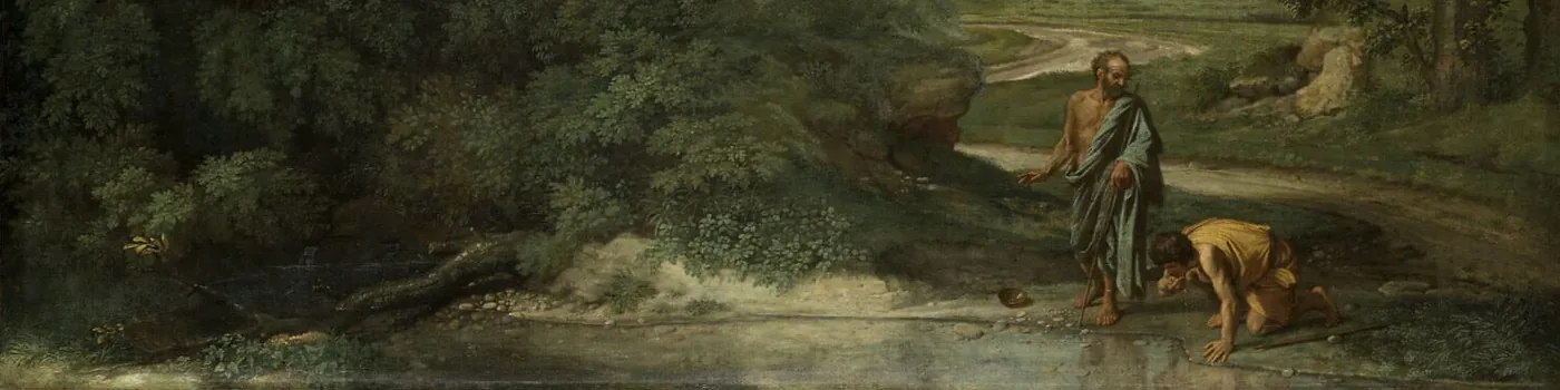 Diogenes stands beside a boy bending to drink from cupped hands; a discarded bowl rests on the ground by the stream