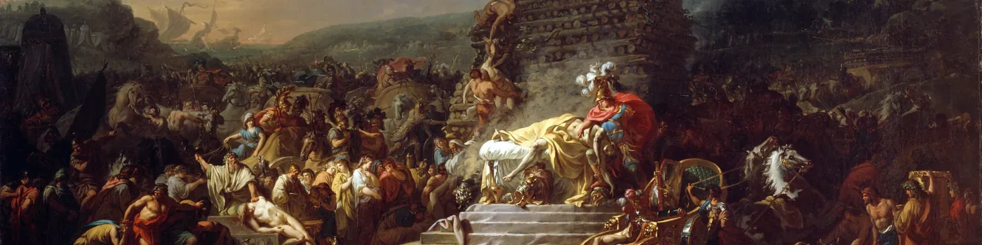 Achilles in a red cloak and plumed helmet bends beside Patroclus’s pale body, surrounded by mourners before a towering funeral pyre