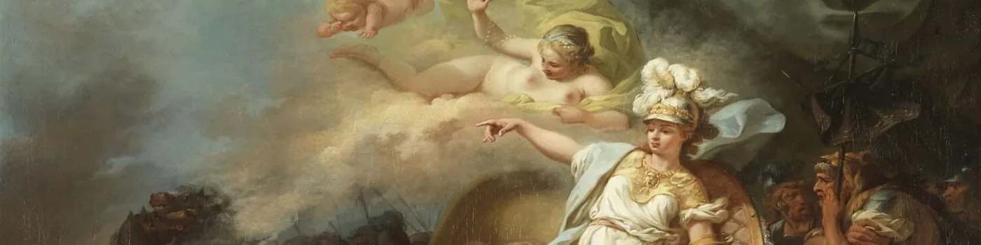 Minerva, wearing a white-plumed helmet and pale robes, points across a dark battlefield beneath figures reclining on clouds