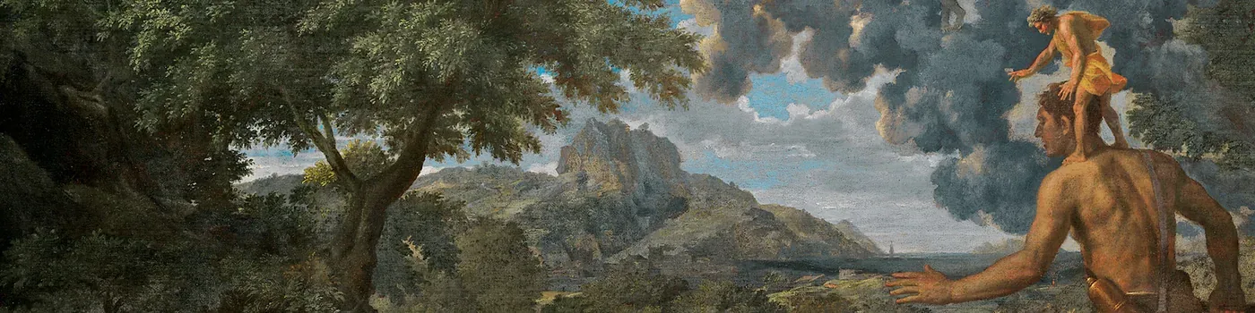 The giant Orion reaches towards a wooded mountain landscape, carrying a small guide on his shoulders beneath dark clouds