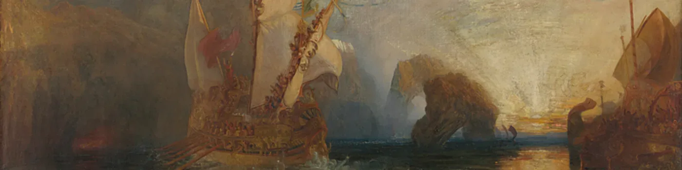 An ornate sailing ship leaves dark cliffs and sea rocks behind as golden sunrise spreads across the water