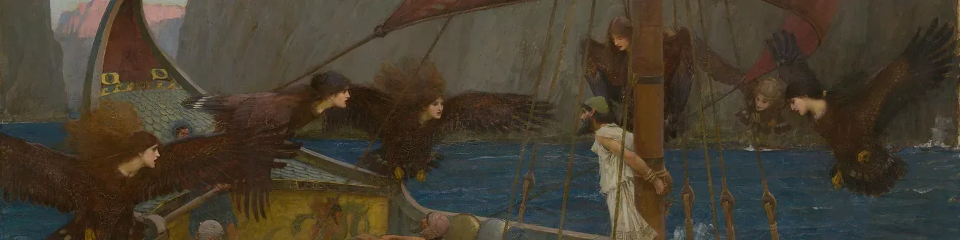 Ulysses is bound to his ship’s mast while sirens with women’s heads and dark bird wings crowd around him over blue water